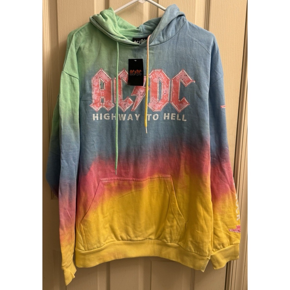 Men's AC/DC size Large Tie Dye HOODIE highway to hell let there be‎ rock NWT